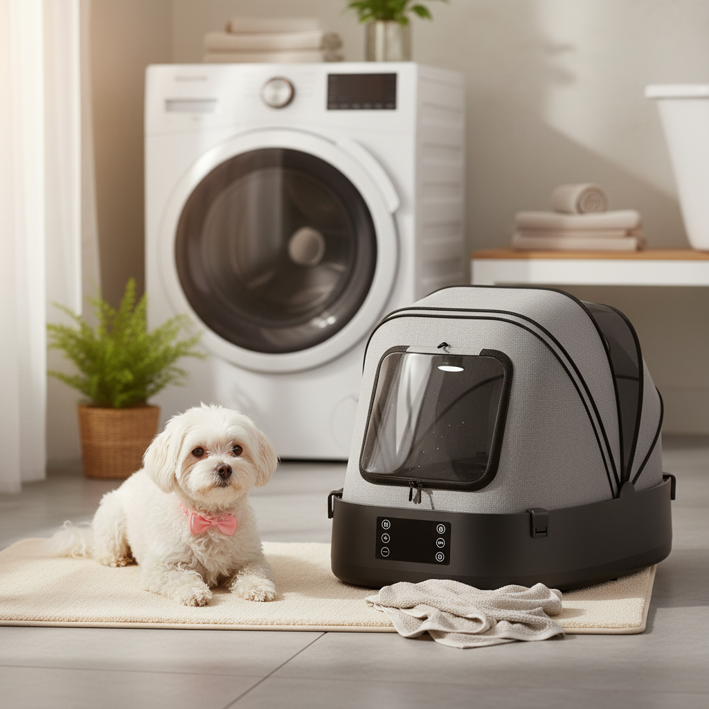 Small dog beside foldable pet drying box after bath